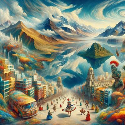 The primary subject of the image is a painting of a city street with a group of people dancing in the middle of the road. The setting is a cityscape with buildings and mountains in the background. The visual style is a painting, and the colors and mood are vibrant and lively.